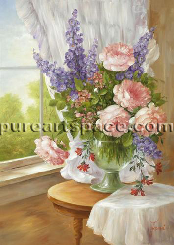 blooming roses painting by the window