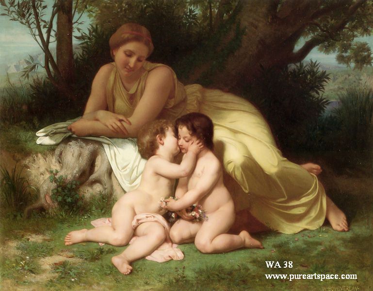 Young woman contemplating two embracing kids